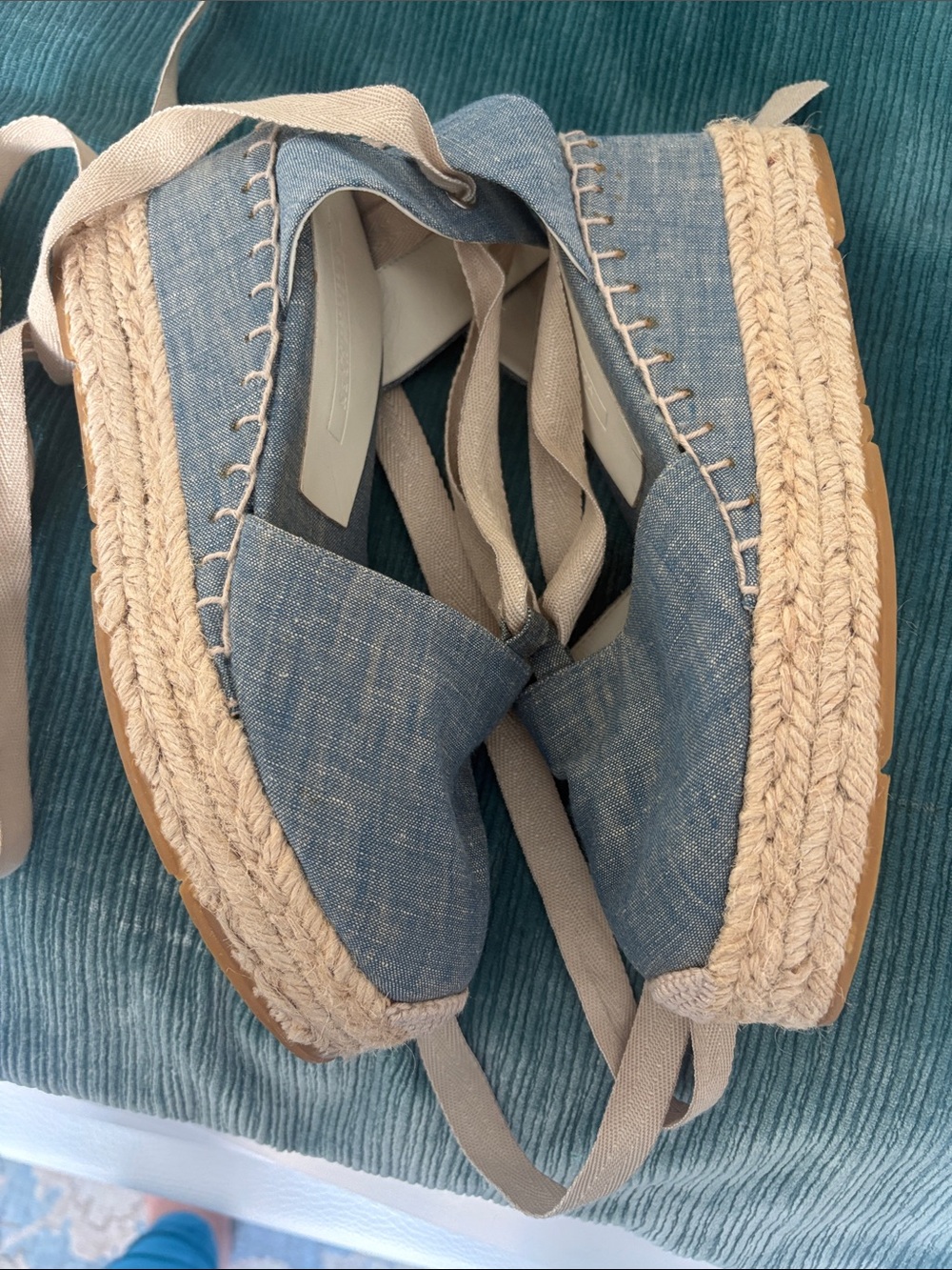 Ralph Lauren Chambray Blue Canvas Espadrille Wedges with Cream Ties - Picture 5 of 5